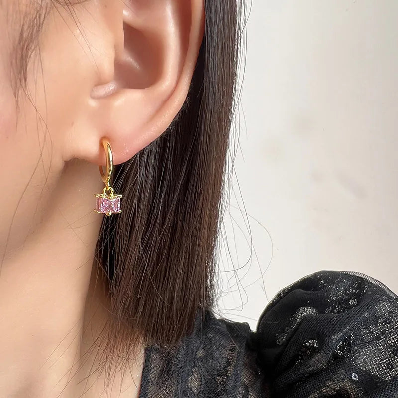 Elegant Spiral Disc Hoop With Square Pink Zircon Alloy Stud & Clip On No Piercing Earrings