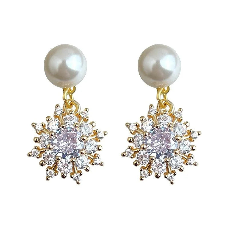 Light Luxury Zircon Snowflake Glass Pearl Star Drop Earrings Handmade Fashion Jewelry
