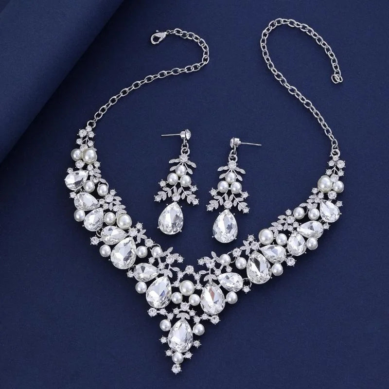 Luxury Rhinestone Crystal Pearl Drop Earrings And Necklace Jewelry Set For Women Wedding Party Banquet Gift