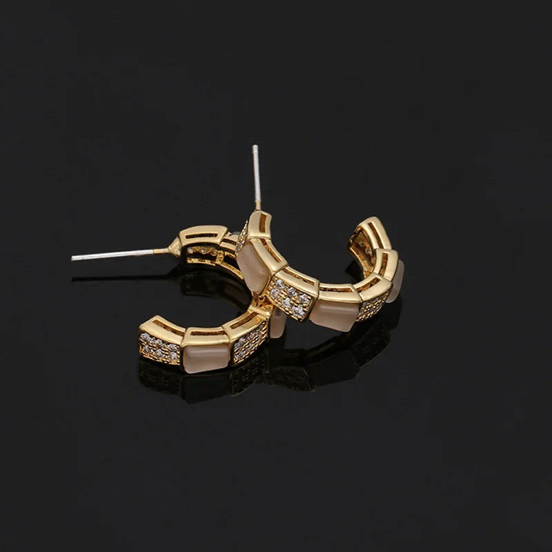Vintage Spiral Cat Eye Stone Zircon Gold Hoop Stud & Clip On No Piercing Elegant Huggie Earrings