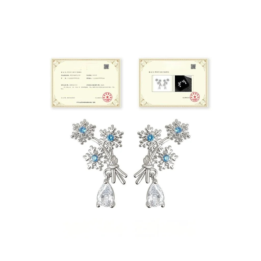 Original Snowflake Aquamarine Zircon Copper Drop Earrings Designer Floral Geometric Style