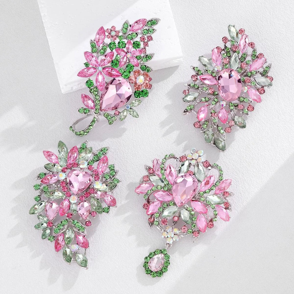 Elegant Pink Green Floral Rhinestone Crystal Brooch, Luxury Bouquet Lapel Pin Corsage Suit Accessory Gift