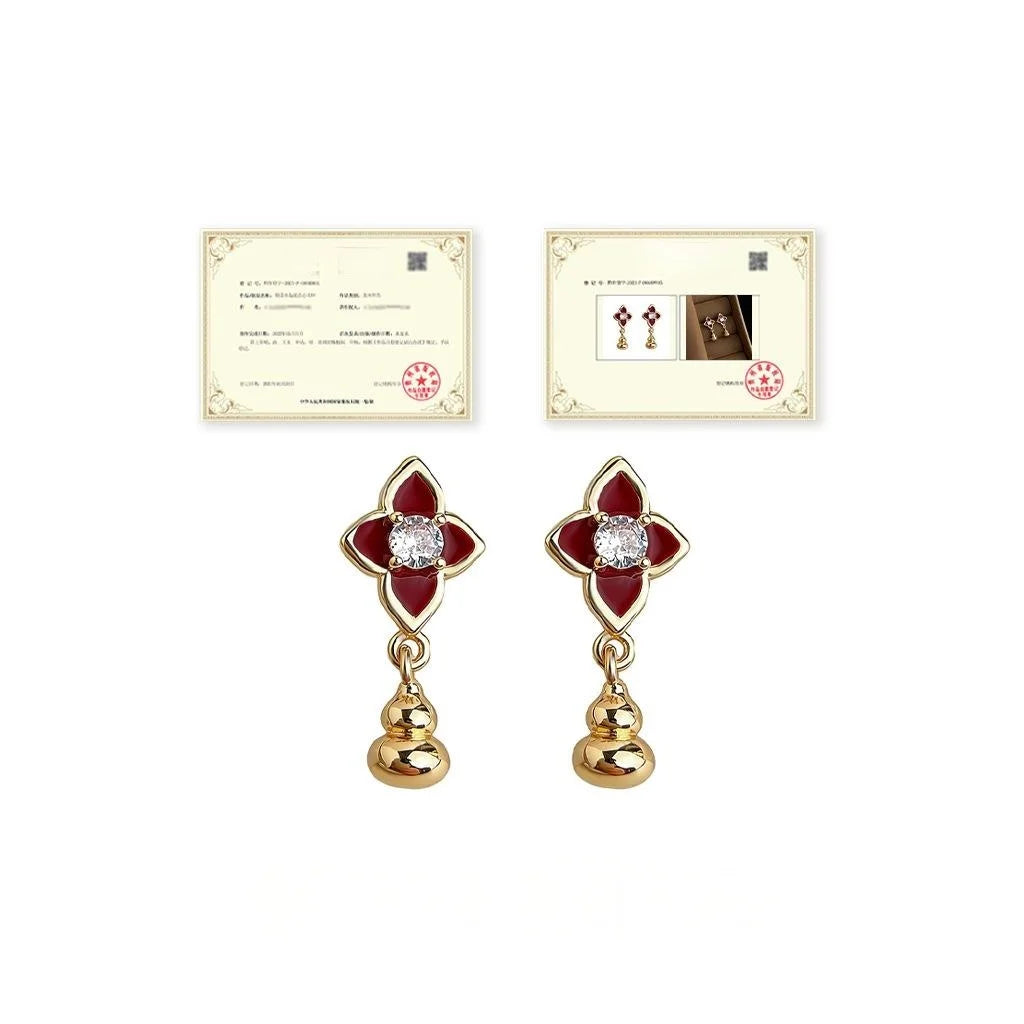 Light Luxury Copper Zircon Enamel Gourd Flower Geometric Drop Earrings