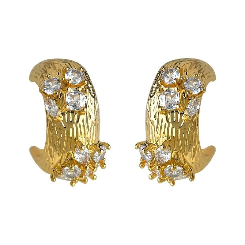 Old Money Style Copper Drop Earrings With Zircon Inlay Silver Plated Pin Geometric Half Hoop Design
