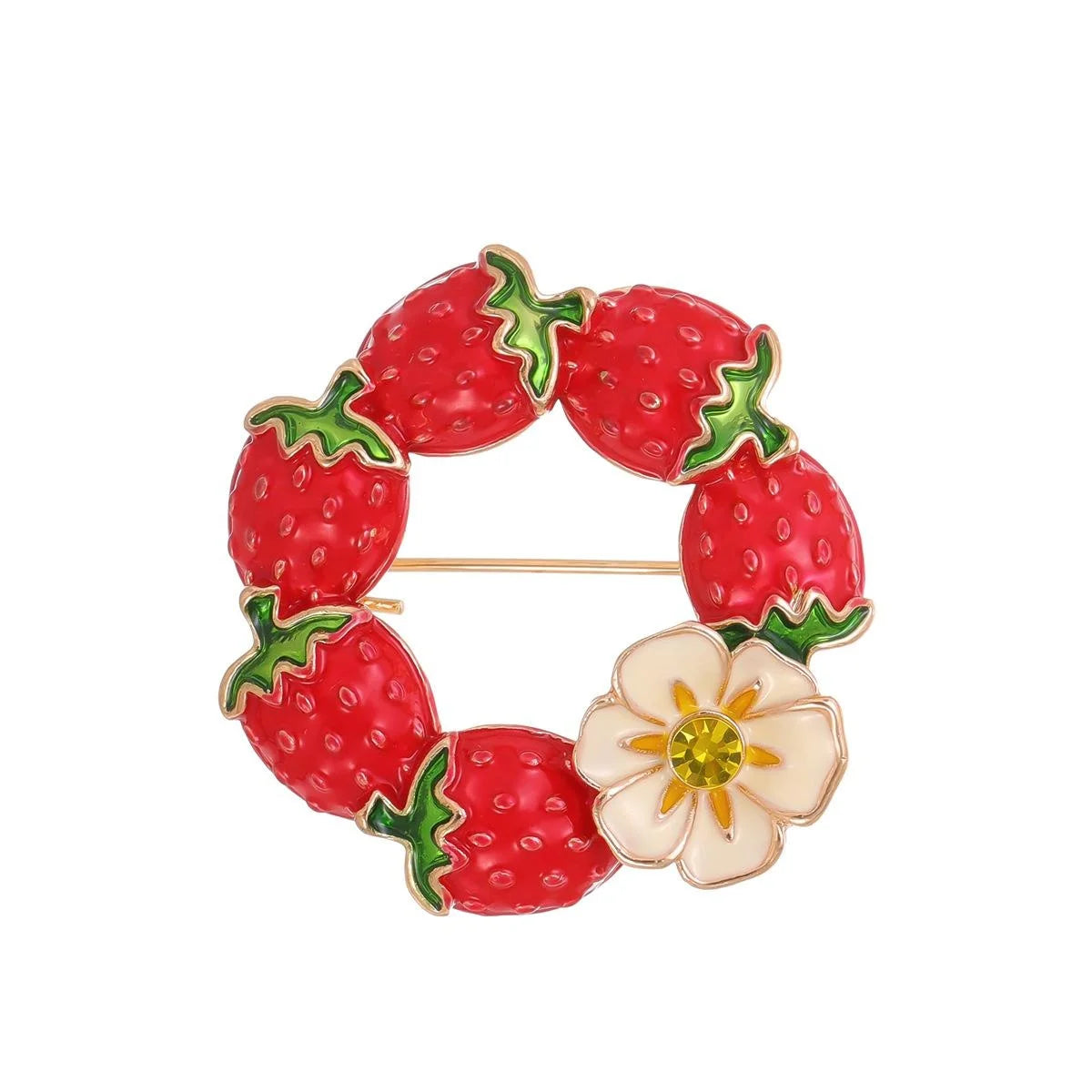 Cute Enamel Strawberry Wreath Brooch With Flower Rhinestone, Alloy Lapel Pin Corsage Suit Accessory Gift