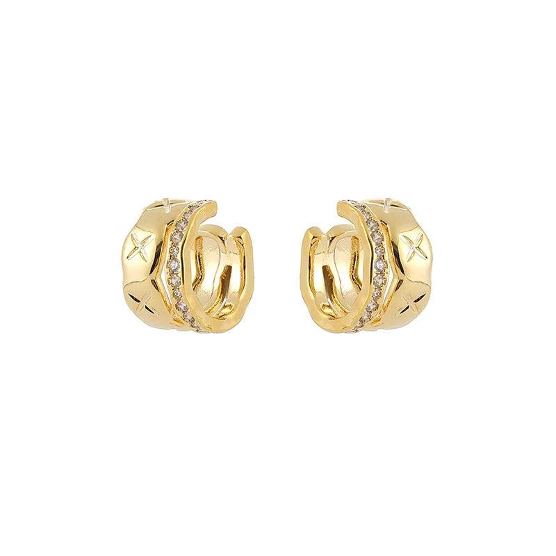 Vintage Quilted Gold Alloy Zircon Double Layer Ear Cuff Stud & Clip On No Piercing Luxury Earrings