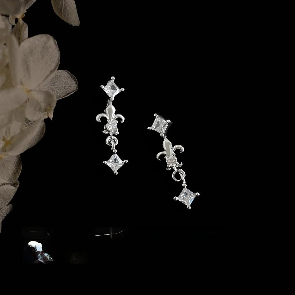 Light Luxury Iris Flower Micro Pave Zircon Copper Drop Earrings With Silver Plated Pins