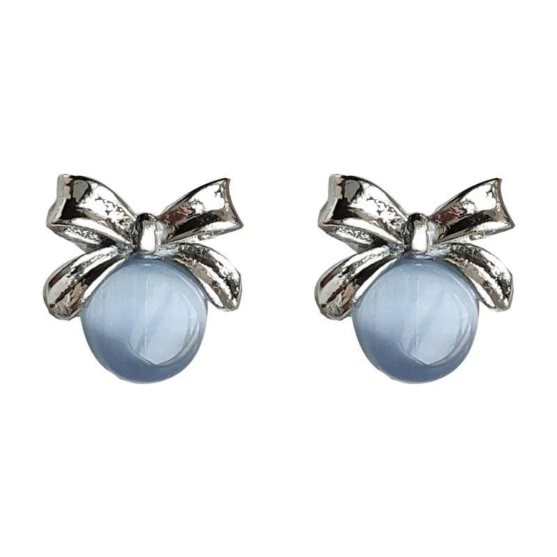 Cute Mini Blue Glass Cat Eye Bow Stud Earrings Silver Plated Copper Sweet Simple Jewelry