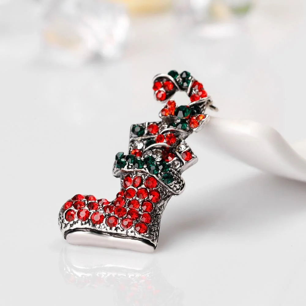 Cute Christmas Stocking Alloy Rhinestone Brooch, Red Green Holiday Lapel Pin Corsage Gift For Women