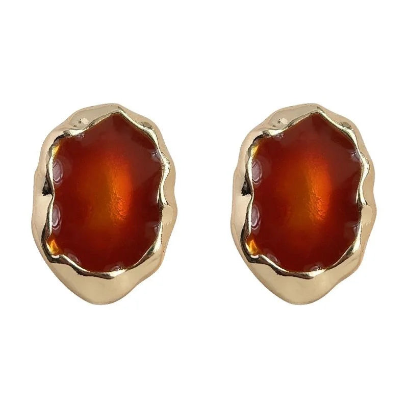 French Vintage Geometric Oval Amber Enamel Copper Stud Earrings With 14K Plated