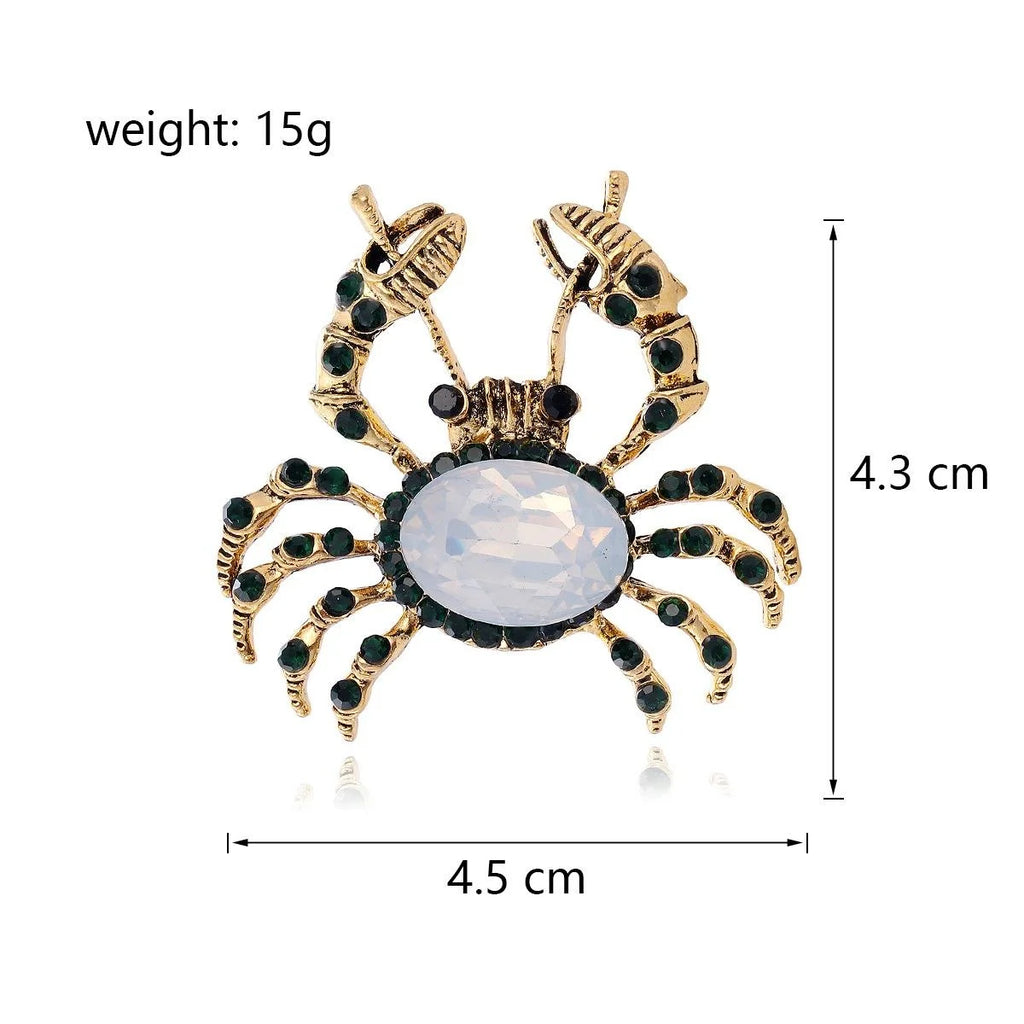 Cute Gold Alloy Crab Brooch With Green Rhinestones, Elegant Ocean Lapel Pin Suit Accessory Gift
