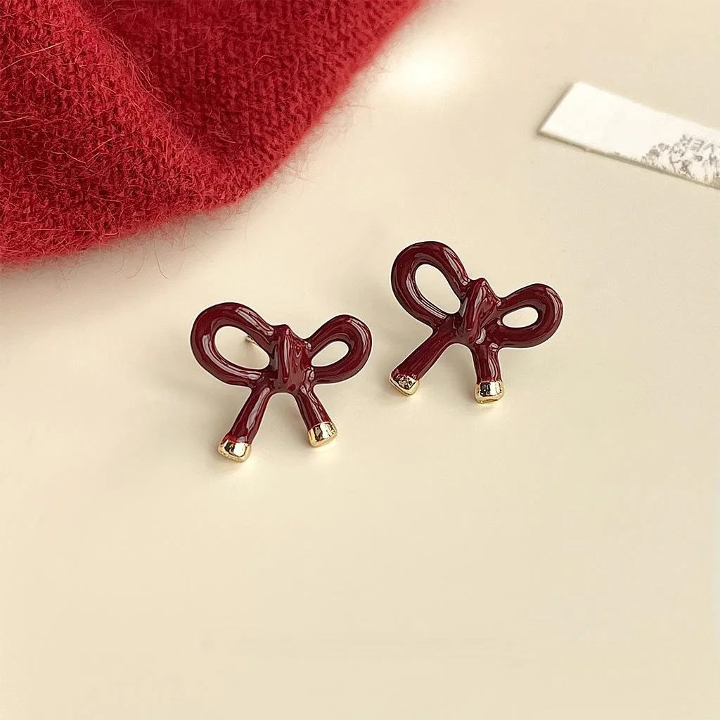 14K Gold Plated Copper Burgundy Enamel Bow Stud Earrings For Women High-End Fashion Jewelry