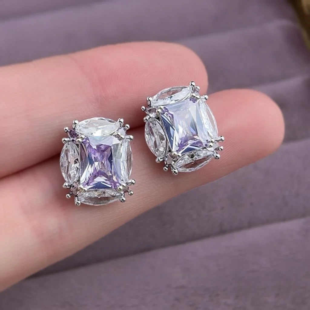 Lavender Purple Zircon Inlaid Geometric Round Oval Copper Stud Earrings Light Luxury Jewelry