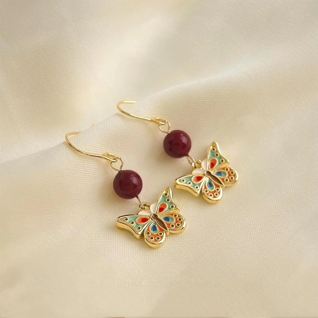 New Chinese Style Copper Double Sided Enamel Butterfly Drop Earrings Handmade Designer Jewelry