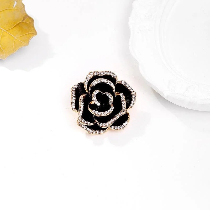 Elegant Black Enamel Camellia Flower Brooch With Rhinestones, Gold Alloy Lapel Pin Suit Accessory