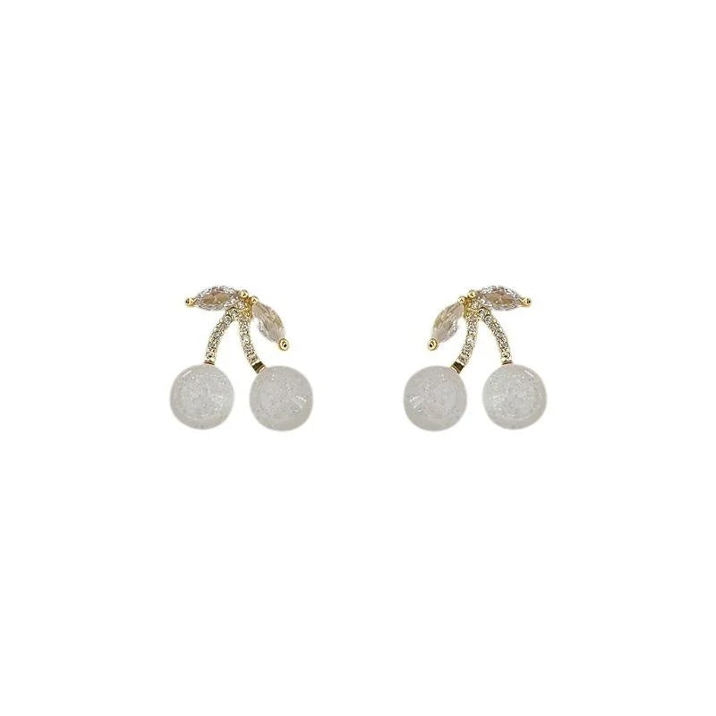 Sweet Cherry Zircon Micro Pave Copper Stud Earrings Cute Fruit Design For Women