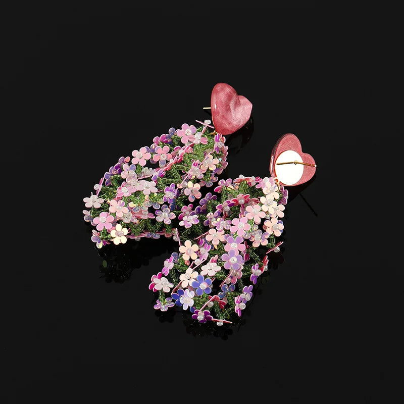 Pink Purple Sequin Flower Alloy Long Tassel Stud & Clip On No Piercing Elegant Heart Drop Earrings