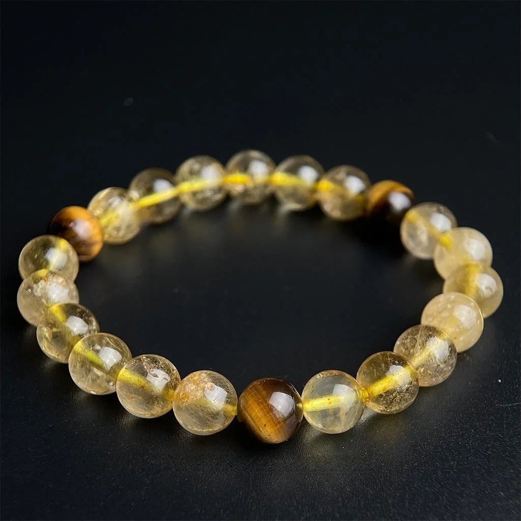 Natural Tiger Eye And Citrine Crystal Bracelet, Geometric Round Bead Chinese Style Jewelry
