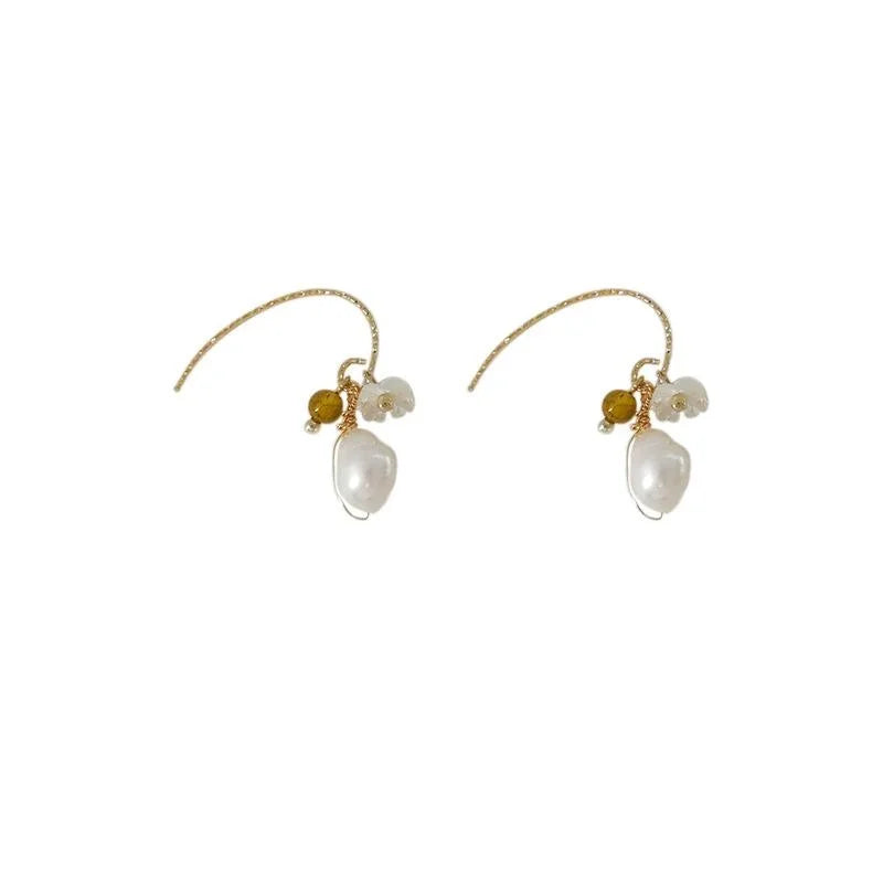 French Light Luxury Baroque Freshwater Pearl Floral Geometric Copper Drop Earrings
