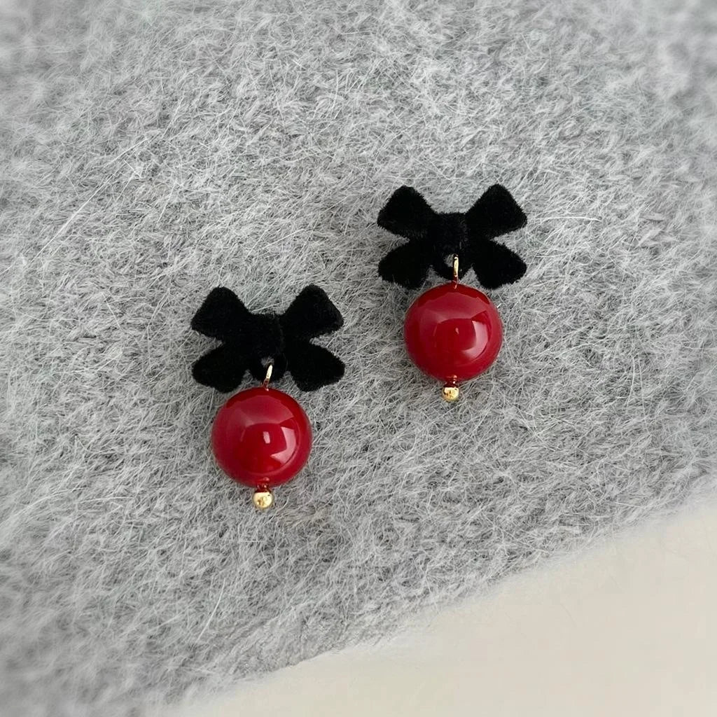 Chinese Style Flocked Bow Glass Ball Drop Earrings Vintage Elegant Jewelry