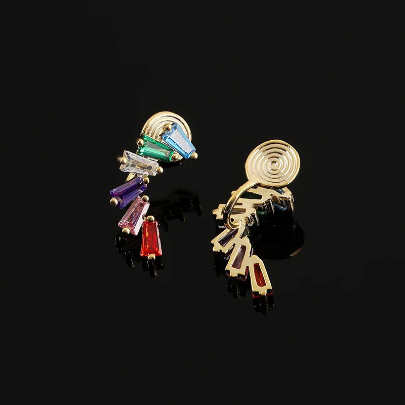 Elegant Geometric Rainbow Baguette Zircon Ear Crawler Stud & Clip On No Piercing Colorful Alloy Earrings