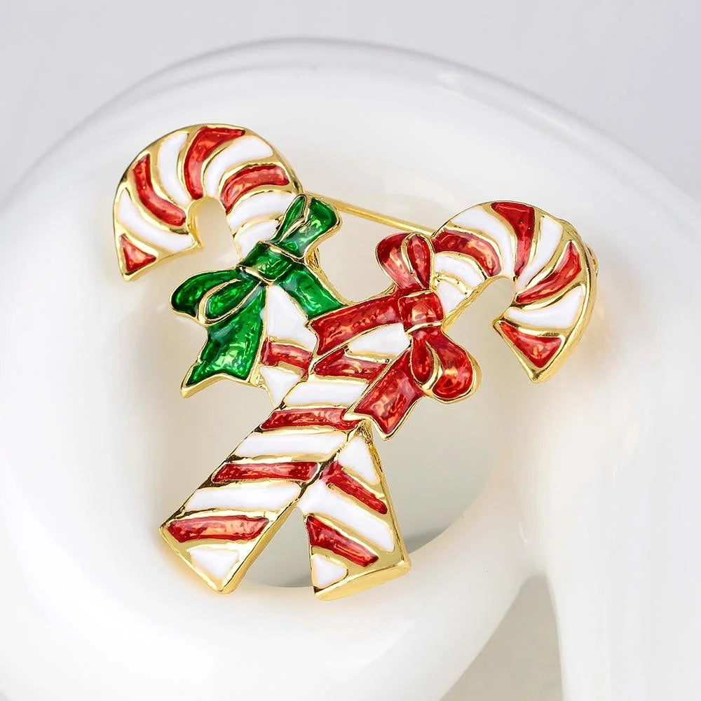 Cute Christmas Candy Cane Enamel Brooch With Red Green Bows, Gold Tone Alloy Lapel Pin Corsage Gift