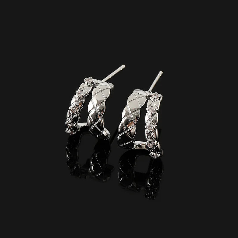 Elegant Silver Alloy Double Hoop Rhinestone Lattice Twist Stud & Clip On No Piercing Earrings