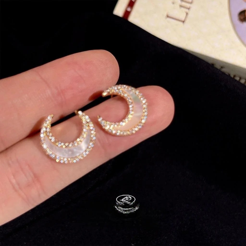 14K Gold Plated Copper Natural Shell Moon Star Micro Pave Zircon Luxury Stud Earrings