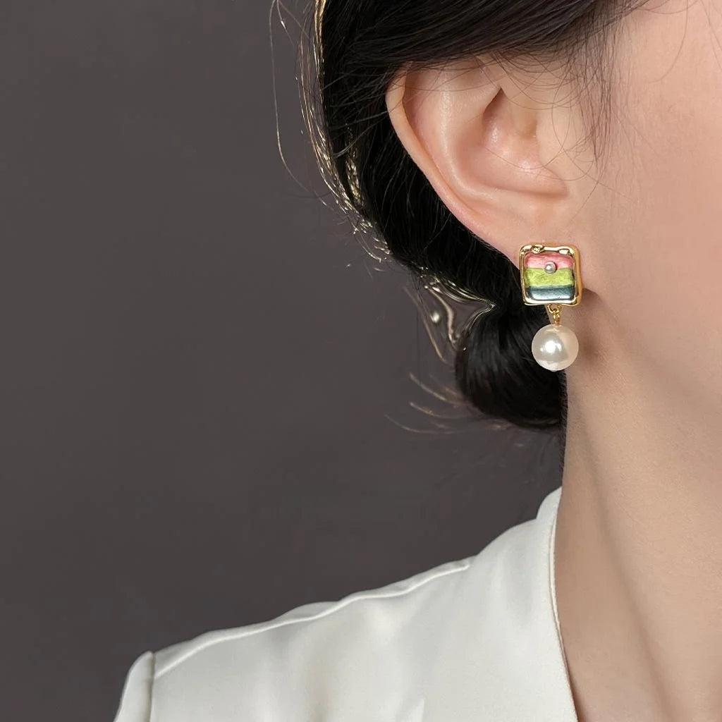 Colorful Gradient Painted Copper Drop Earrings, Geometric Vacation Style