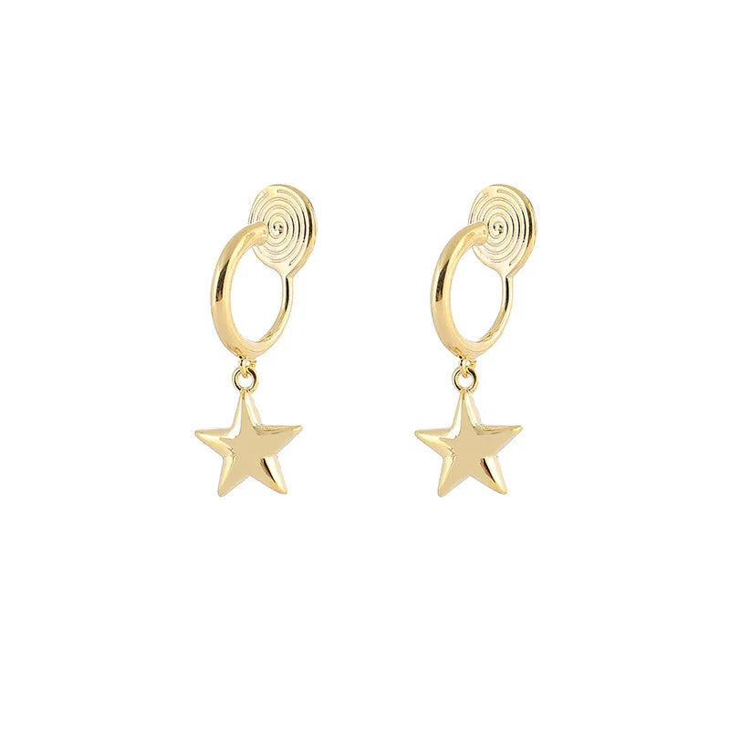 Elegant Luxury Gold Alloy Spiral Disk Five Point Star Charm Stud & Clip On No Piercing Drop Earrings