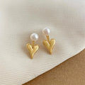 14K Plated Copper Heart Drop Earrings With Freshwater Pearl And Brushed Finish