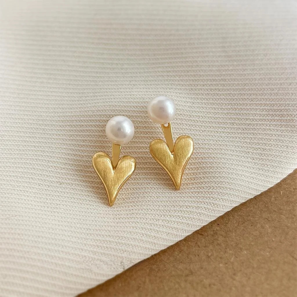 14K Plated Copper Heart Drop Earrings With Freshwater Pearl And Brushed Finish