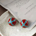 French Burgundy Enamel 14K Plated Copper Round Geometric Stud Earrings Vintage Hong Kong Style