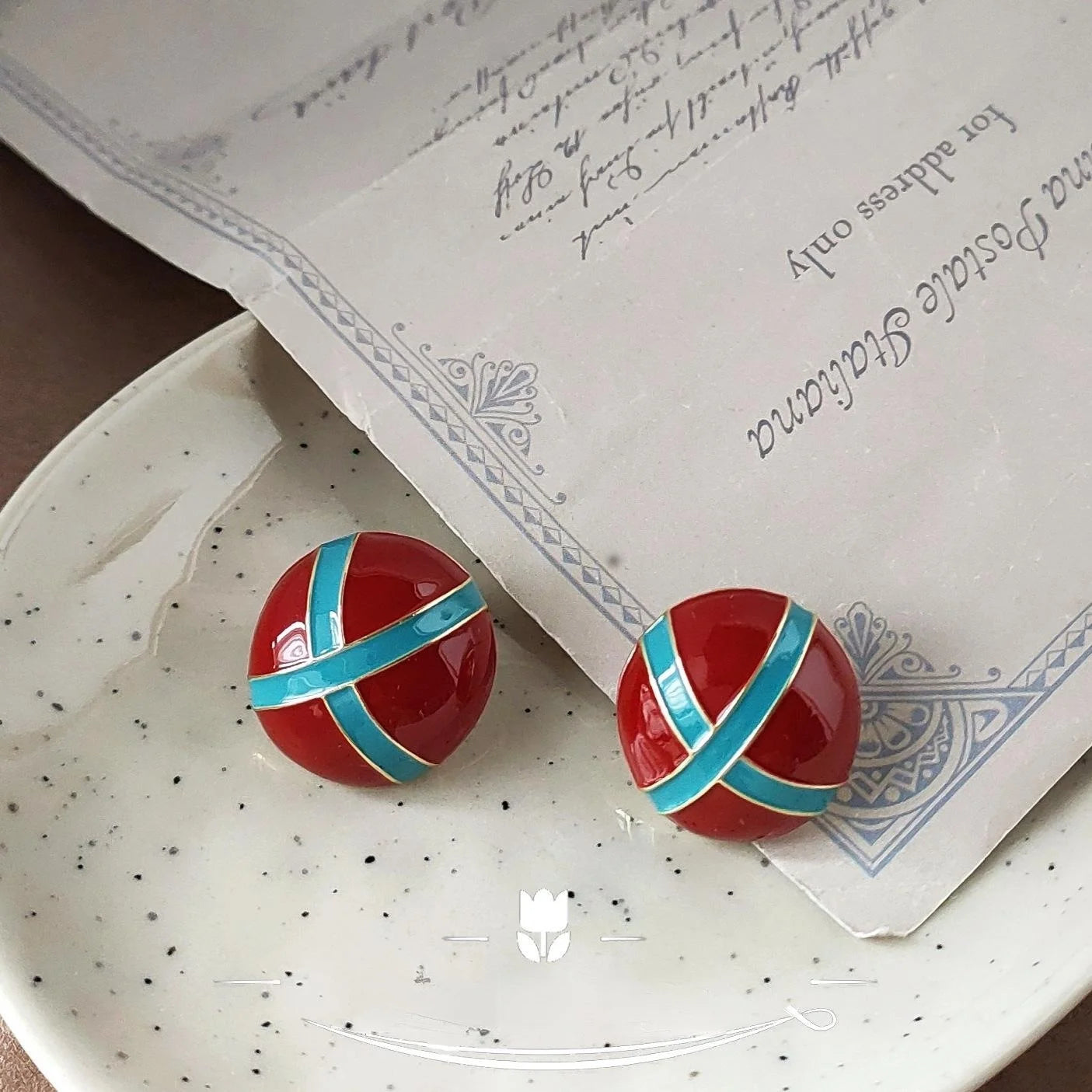 French Burgundy Enamel 14K Plated Copper Round Geometric Stud Earrings Vintage Hong Kong Style