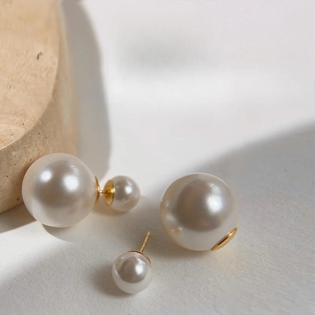 Silver Plated Glass Pearl Geometric Round Drop Earrings For Women Two Way Luxury Style