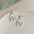 Forest Style Copper Enamel Flower Leaf Drop Earrings Handmade Monet Garden Jewelry