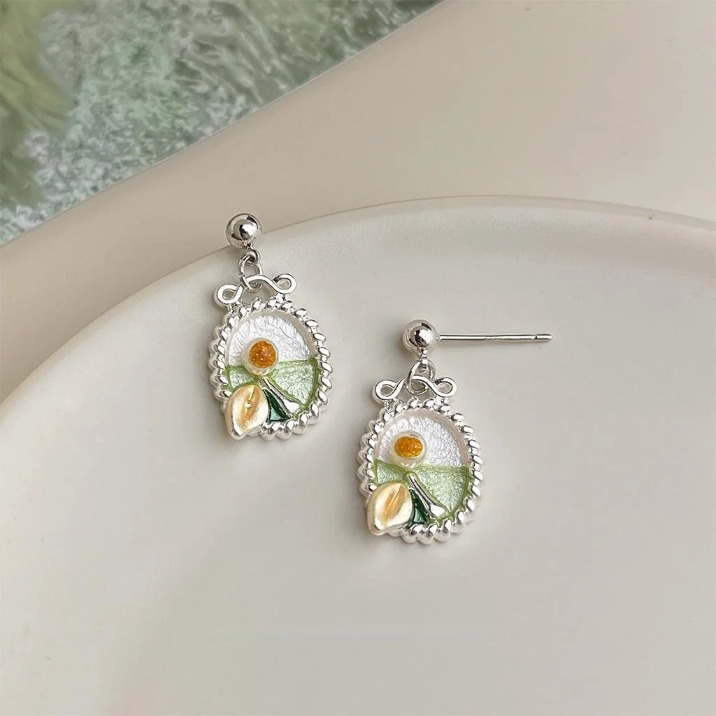 Forest Style Copper Enamel Flower Leaf Drop Earrings Handmade Monet Garden Jewelry