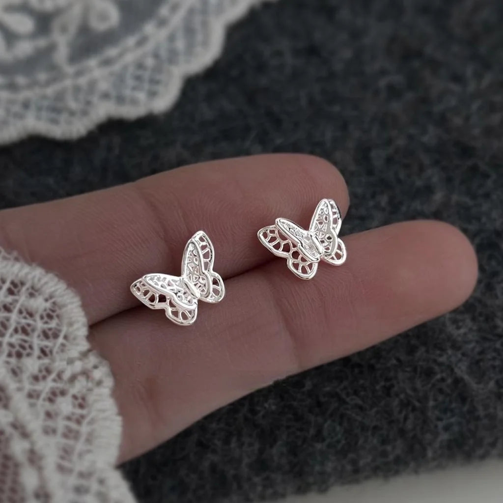 Copper Double Layer 3D Mini Butterfly Stud Earrings Hollow Sweet Chic Spring Summer Jewelry