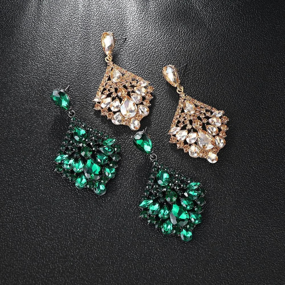 Vintage Geometric Hollow Rhombus Green Crystal Rhinestone Alloy Drop Earrings For Wedding Party Bridal Gift