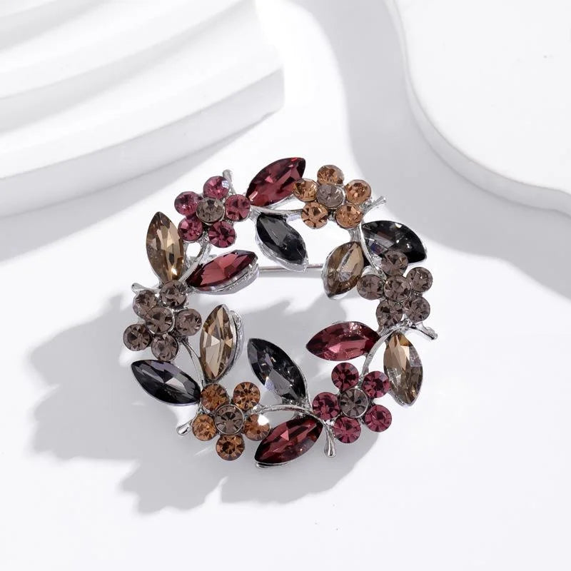 Elegant Rhinestone Crystal Flower Wreath Brooch, Alloy Floral Lapel Pin Corsage For Women's Suit Gift