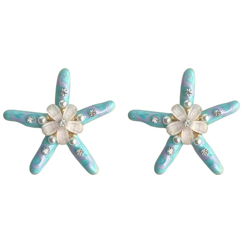 Vacation Style Resin Starfish Stud Earrings With Glossy Pearl Flower Enamel Design