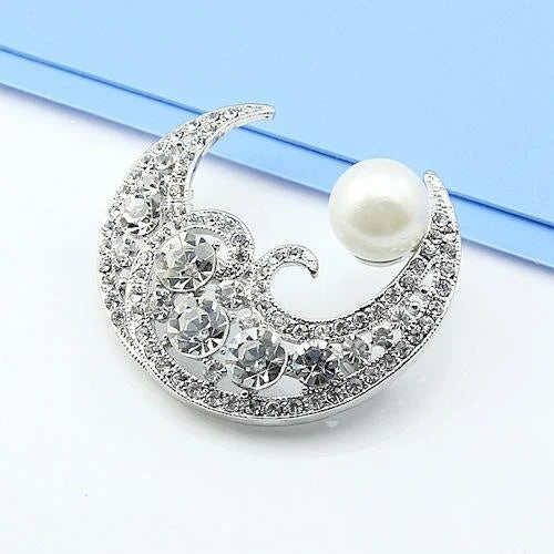 Elegant Crescent Moon Pearl Rhinestone Brooch For Women, Luxury Alloy Lapel Pin Corsage Suit Accessory Gift