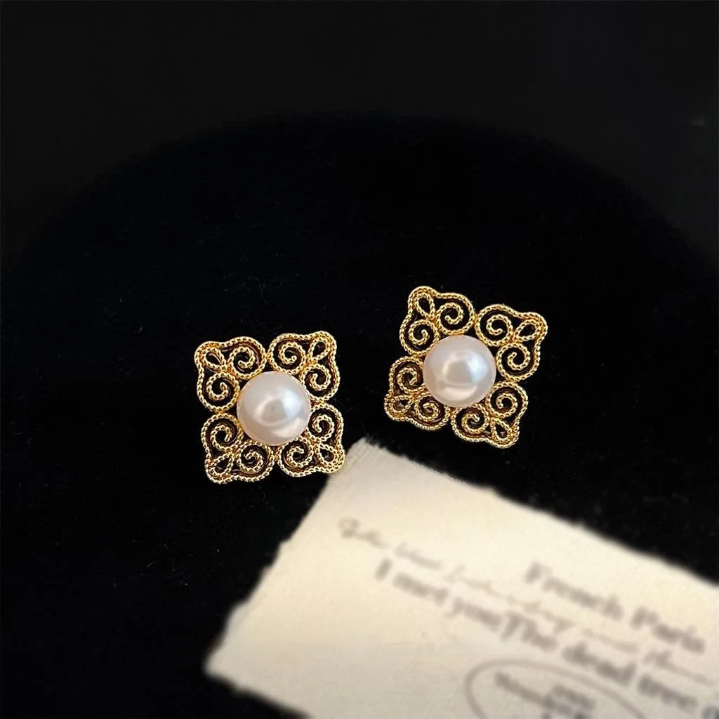 Vintage Chinese Style 14K Plated Copper Glass Pearl Geometric Floral Stud Earrings