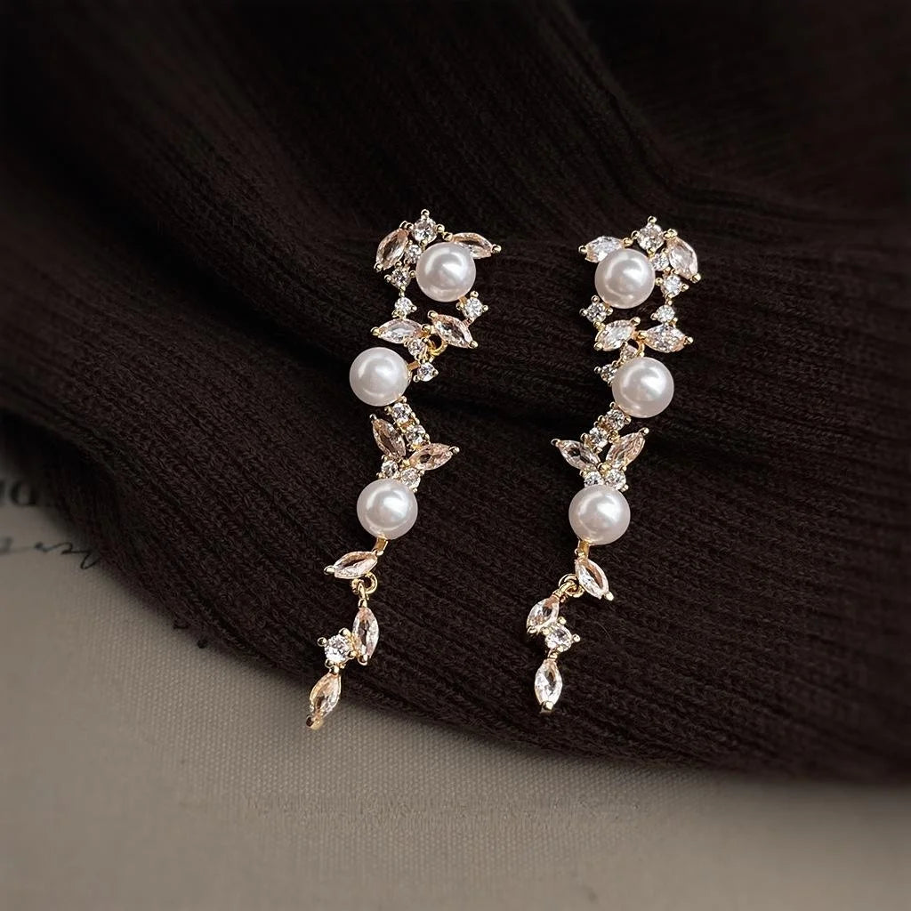 Elegant Copper Zircon Micro Pave Butterfly Floral Leaf Long Tassel Drop Earrings