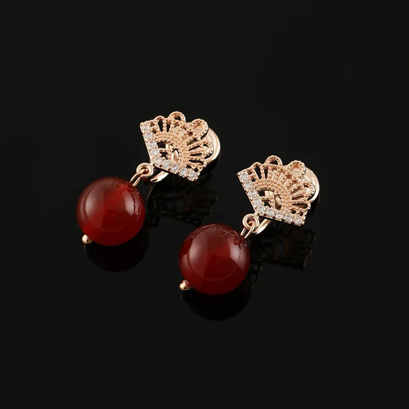 Vintage Chinese Fan Zircon Alloy Red Agate Drop Stud & Clip On No Piercing Women New Year Earrings