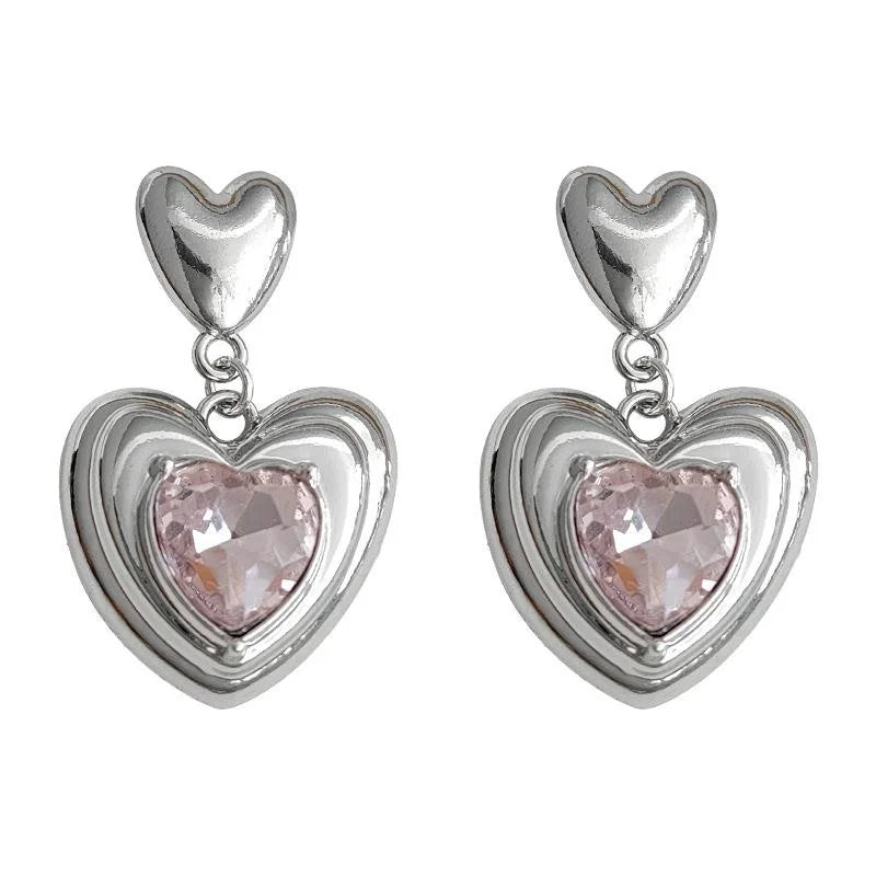 Sweet Cool Pink Glass Crystal Heart Drop Earrings Copper Minimalist Versatile Jewelry