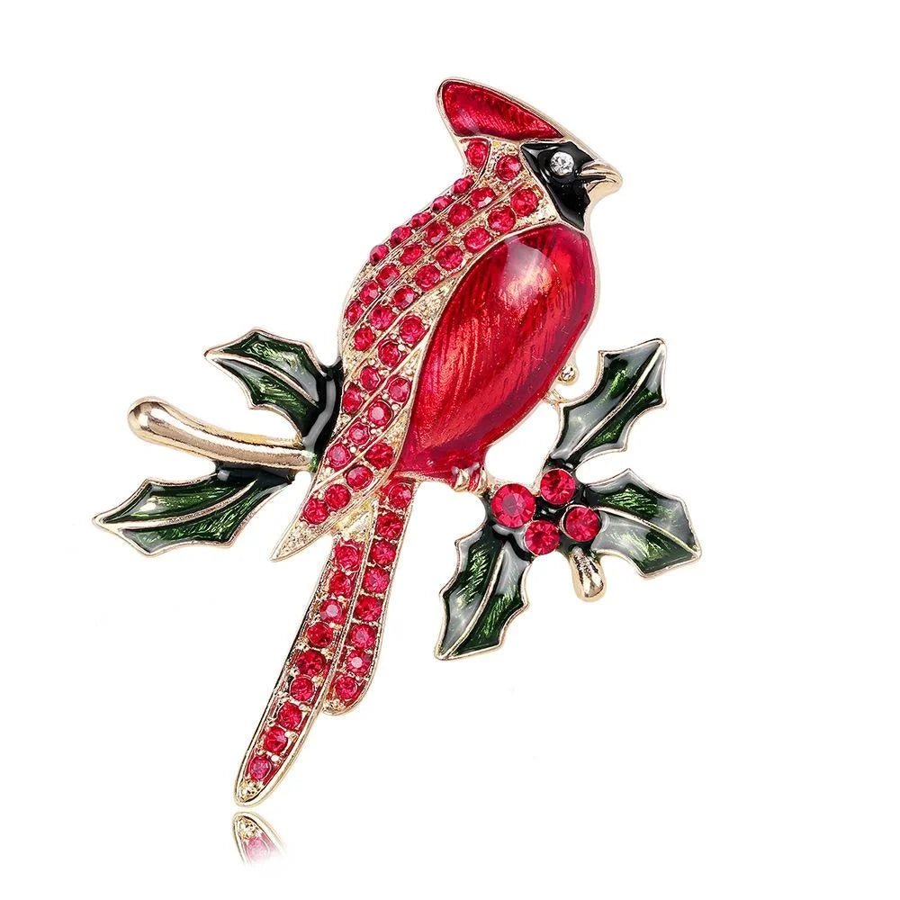 Luxury Red Cardinal Bird On Holly Branch Enamel Rhinestone Brooch, Elegant Lapel Pin Corsage Gift