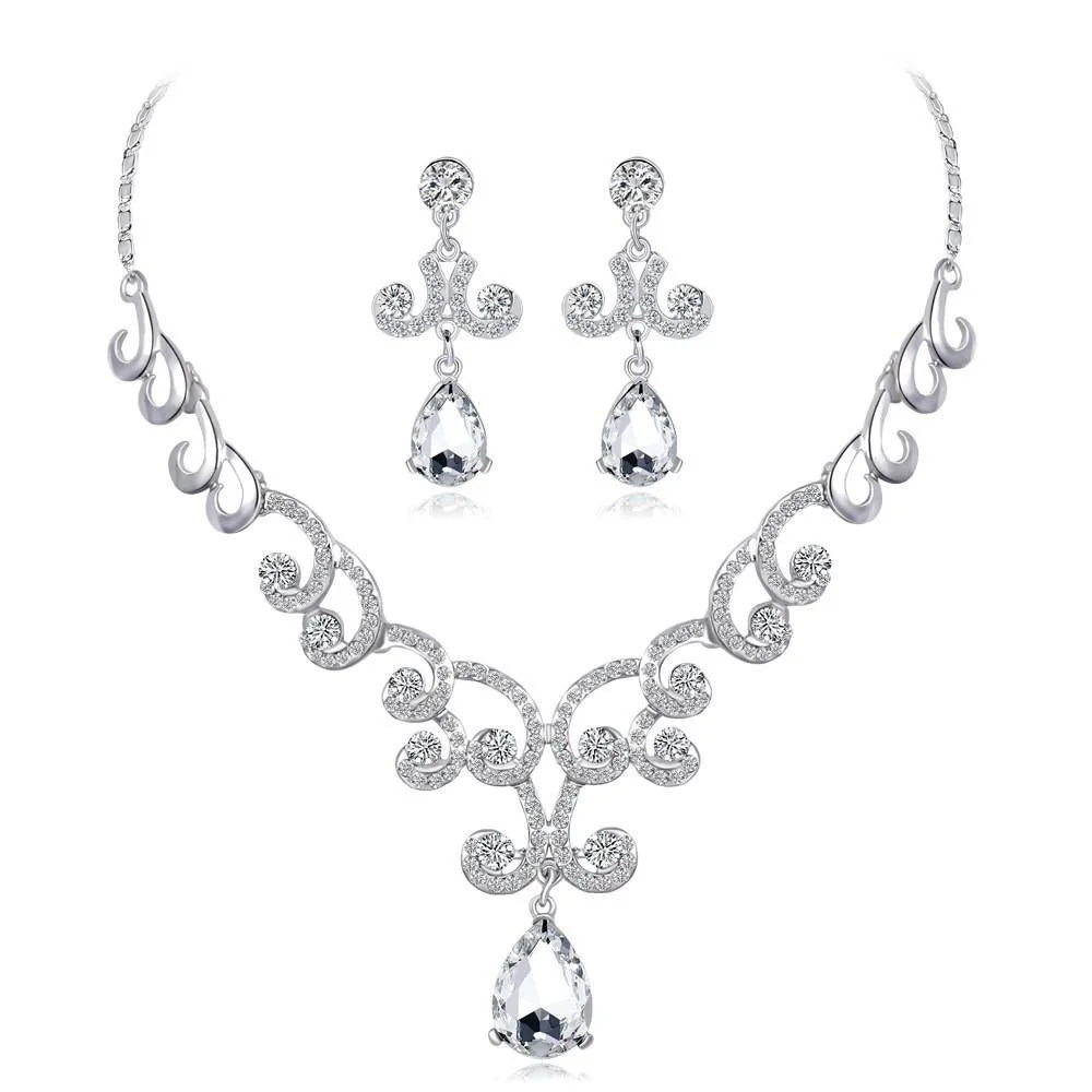 Elegant Bridal Crystal Rhinestone Alloy Necklace And Earrings Jewelry Set, Luxury Wedding Party Banquet Gift Jewelry