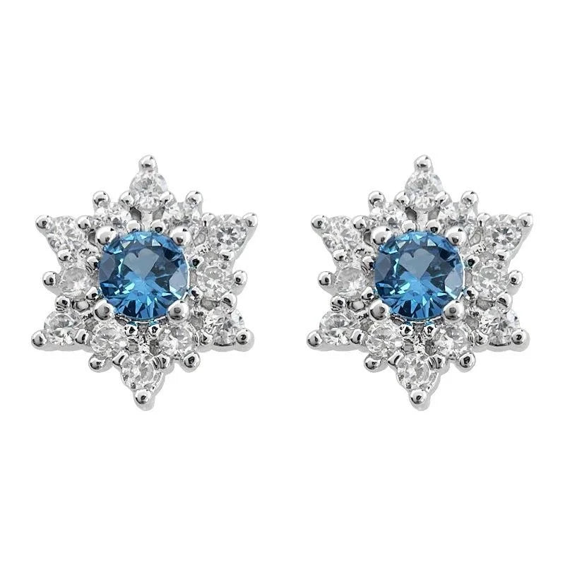 Light Luxury Blue Zircon Snowflake Star Stud Earrings Silver Plated Christmas Jewelry