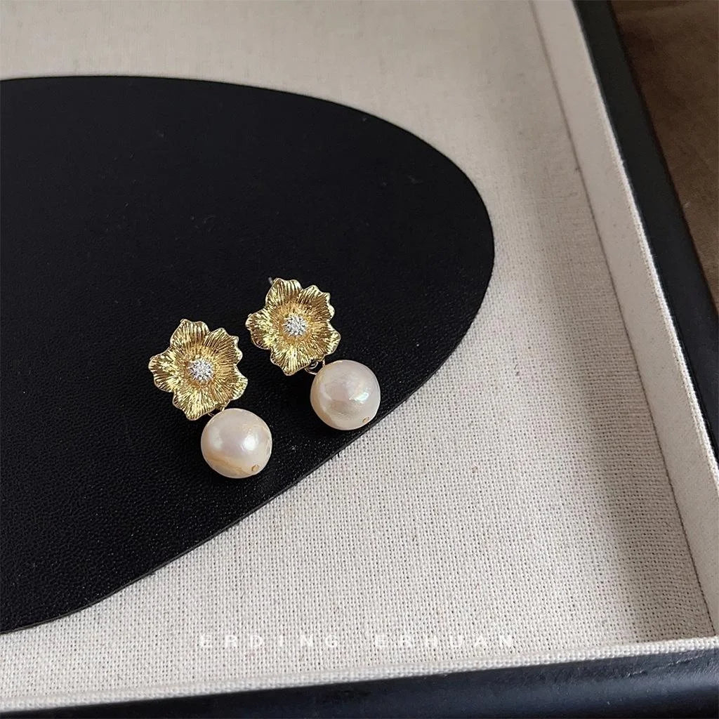 French Vintage Freshwater Pearl Drop Earrings Handmade Silver Plated Heart Floral Bow Leaf Design